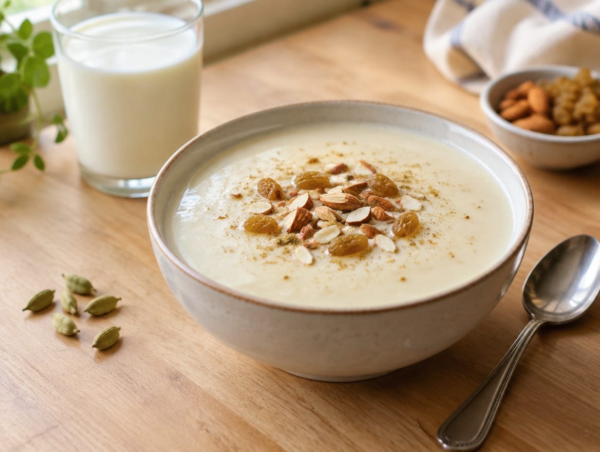 A bowl of creamy barley milk porridge topped with almonds and raisins, with a glass of milk