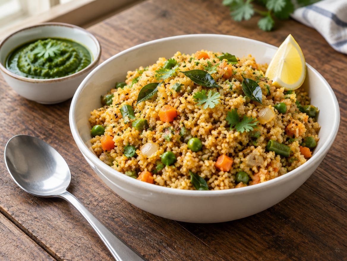 A bowl of masala dalia upma with peas, carrots and curry leaves, served with green chutney and lemon