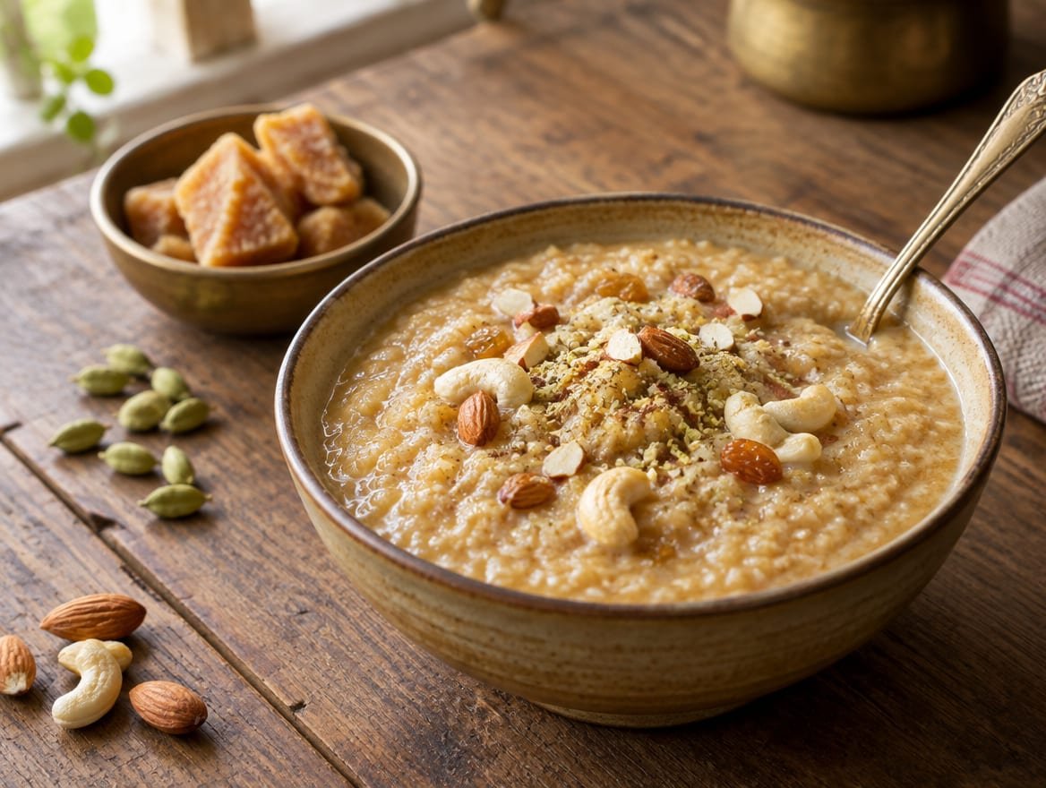 A bowl of sweet daliya cooked in milk with jaggery, topped with cashews, almonds and cardamom